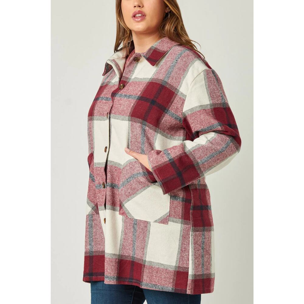 HAYDEN Mandy Plus Burgundy Plaid Shacket with Front Pockets 2X - Picture 2 of 6